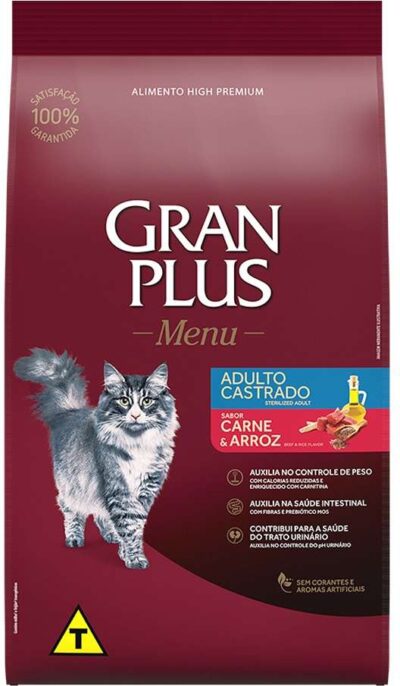 Ração GranPlus para Gatos Adultos Castrados Sabor Carne e Arroz 10,1kg