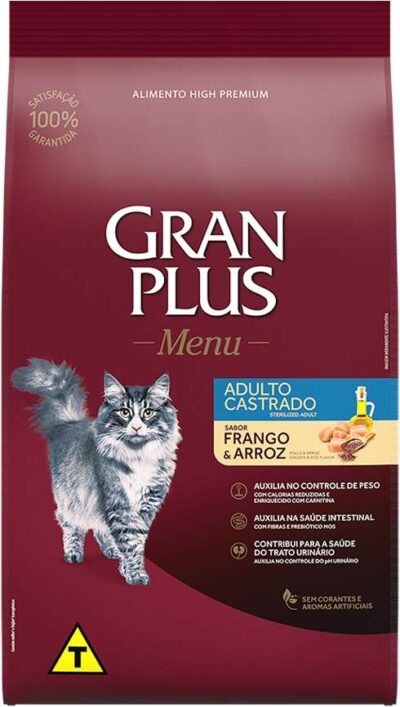 Ração GranPlus Menu Castrados Gatos Adultos Frango e Arroz 10,1Kg