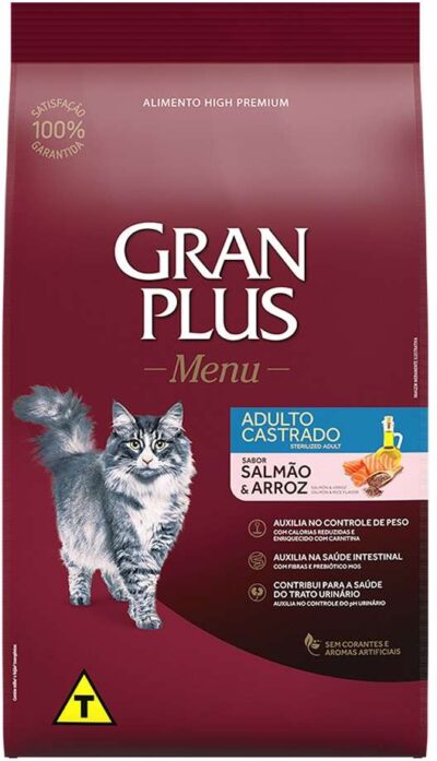 Ração GranPlus para Gatos Adultos Castrados Sabor Salmão e Arroz 10,1kg