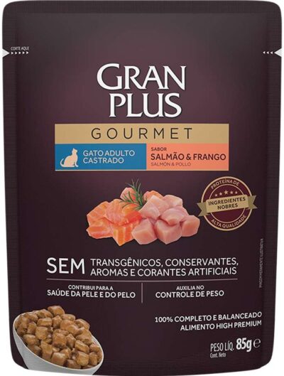 Ração Úmida Gran Plus Gourmet Sachê para Gatos Castrados Sabor Salmão e Frango 85g