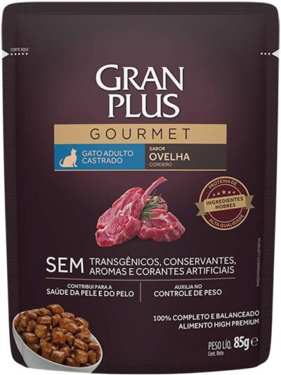 Ração Úmida Sachê Gran Plus Gatos Castrados Ovelha Gourmet 85g