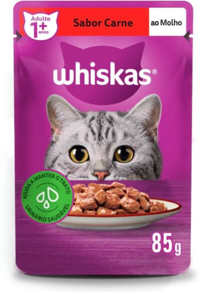 Ração Úmida Whiskas Sachê para Gatos Adultos Sabor Carne ao Molho 85g